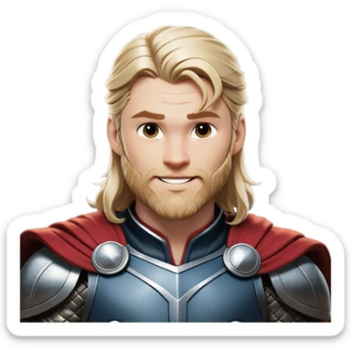 Cinematic Realistic Thor Portrait, head tilted playfully and inquisitively, showcasing his robust form and a warm, disarming smile. His expressive eyes and detailed armor are captured with lifelike clarity, as soft natural highlights reveal a side of the mighty god that is both approachable and full of mirth. sticker