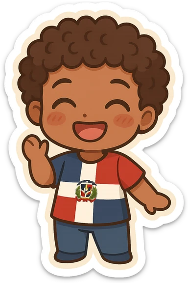 chibi emoji of a Dominican character with curly hair and brown skin, smiling sticker