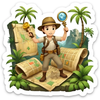 An icon featuring an adventurer in a dynamic action pose with treasure map, ancient ruins and jungle landscapes in the background. The design includes clues, hidden passages and climbing gear, symbolizing the thrill of exploration and discovery. Transparent background. sticker