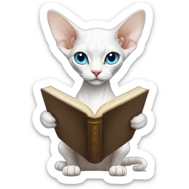 Slim white devon rex with light blue eyes reading book sticker