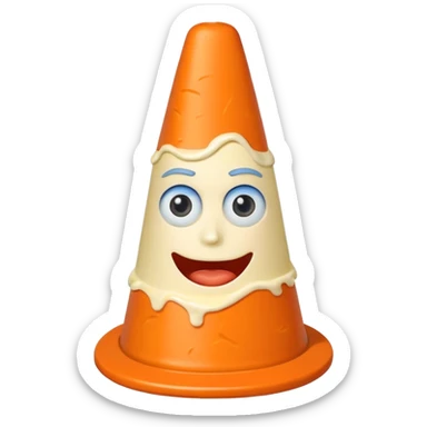 Traffic cone with mayonnaise on it and pickles around it and it has a blue face sticker