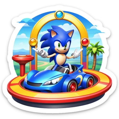 An icon representing an arcade game interface, inspired by Sonic. The design features colorful platforms, loops, and rings, with Sonic racing through a vibrant landscape. The iconic HUD elements, like score and timer, are visible. A transparent background. sticker