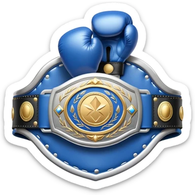 silver championship belt with a blue boxing glove in the middle sticker