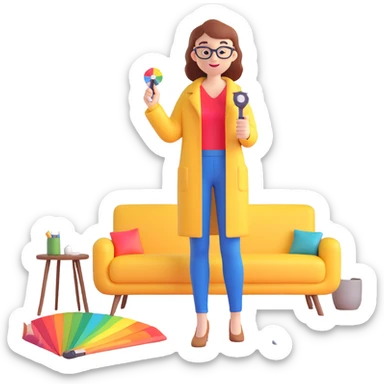 interior designer holding color swatches and a tape measure, standing in a stylish living room sticker