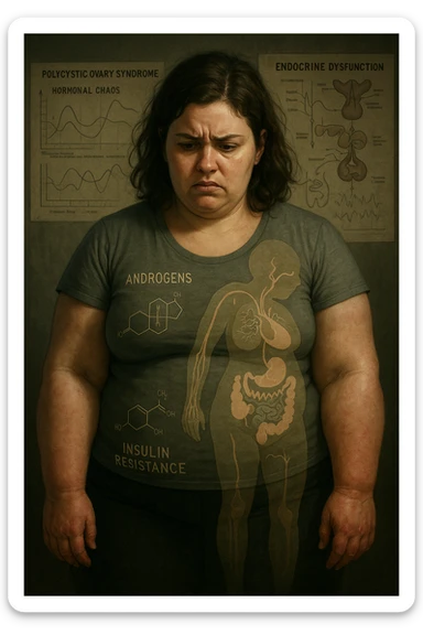 cinematic realistic in italiano Woman with PCOS struggling with hormonal chaos, transparent overlay showing elevated androgens and insulin resistance affecting her body, lipedema causing disproportionate fat accumulation in legs and arms despite normal torso, expression of frustration with unexplained weight gain, medical charts showing complex endocrine dysfunction, painful swollen limbs contrasting with metabolic confusion scrivi in italiano sticker