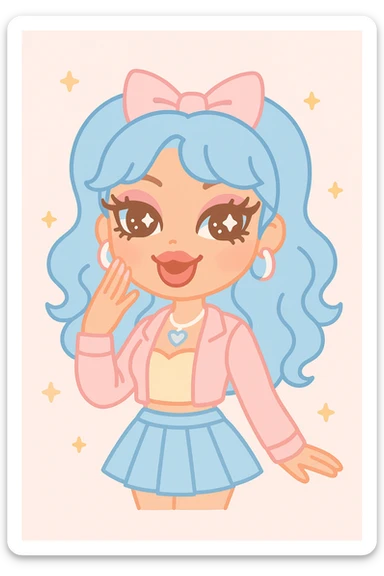 bratz baddie, gyaru fashion, blue hair, glamorous makeup, vibrant and cute anime style sticker