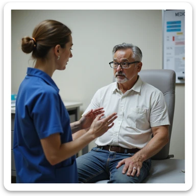 realistic image of a patient in a clinical environment, not suitable for assigned therapeutic exercises, physiotherapist stopping the exercise, worried expressions, realistic details, professional atmosphere, visible medical chart sticker