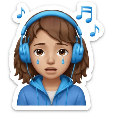 A crying girl with wavy hair listening to music with blue headphones sticker