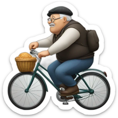 fat grandpa with a grandfather's beret on his head. riding an old bicycle. with a tired face. sticker