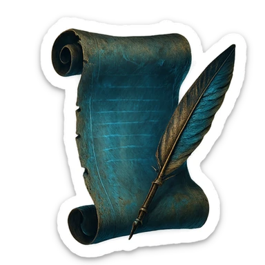Windows 11 Notepad icon as a mystical blue scroll, Elden Ring note style, tattered edges, magical glow, and a colored feather, no text, just the notepad look, option 7 sticker