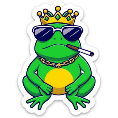 gangster frog wearing a gold crown smoking a blunt, cool sunglasses, gold chain sticker