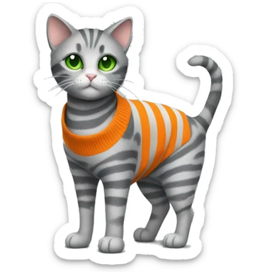 A striped grey cat with green eyes with orange sweater in full growth sticker
