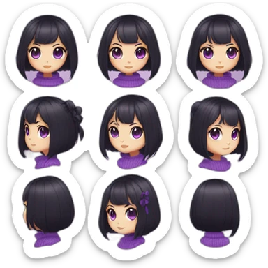 neko girl with heart black hair side swept bangs with shaved sides and back of head with purple eyes wearing a purple sweater sticker