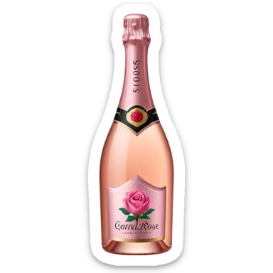 bottle of sparkling rosé champagne with a rose logo on the label, tilted up and to the right, no glass sticker