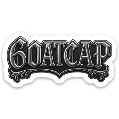 sticker with the text '60ATCAP' in the style of Chrome Hearts, bold gothic lettering, metallic chrome effects, ornate details sticker