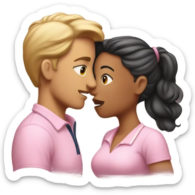 kissing couple: she has a soft pink bow and he has a polo sticker