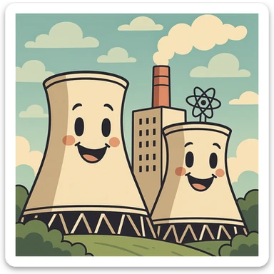 cartoon style nuclear power plant with smiling cooling towers, cheerful, eco-friendly theme sticker