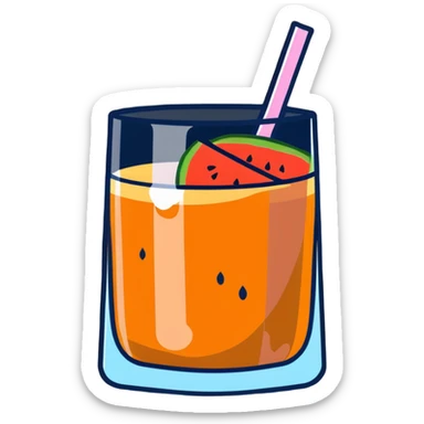 Spanish melón carajillo in a glass with ice, coffee, liquor, and fresh melon pieces sticker