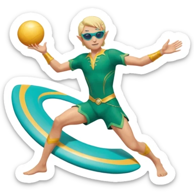 elf male legolas launching a frisbee woven from pure sunlight, wearing sporty teal swim shorts and performance sunglasses, athletic pose, pointy ears, dynamic motion lines, beach sky backdrop, centered emoji sticker