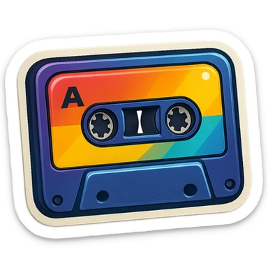 a cassette tape with colorful label, retro sticker style sticker