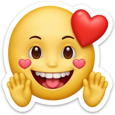 yellow emoji face holding a heart and hes so happy with so happy with teeth and tongue and toes growing out of the top of its head sticker