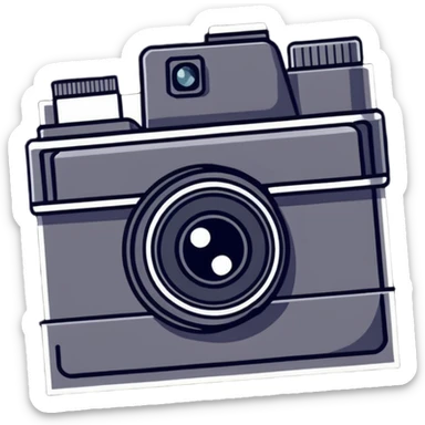 Film photography setup with camera, film rolls, and developed photos sticker