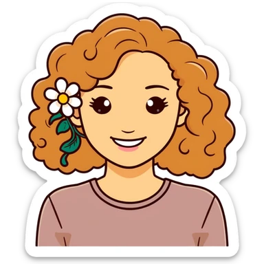 lady with big brown blonde curly hair light skin  with a flower behind her ear smiling  sticker