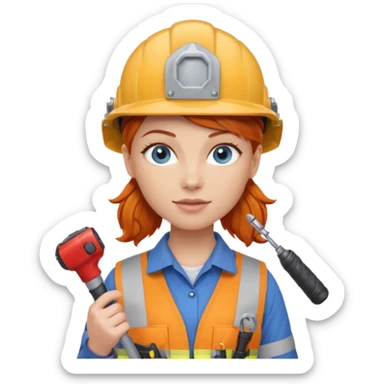 A ginger haired girl blue eyes, handyman Outfit, wearing a Helmet, with drill sticker
