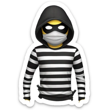 a masked robber in a black and white striped T-shirt with a bag with a dollar painted on it sticker