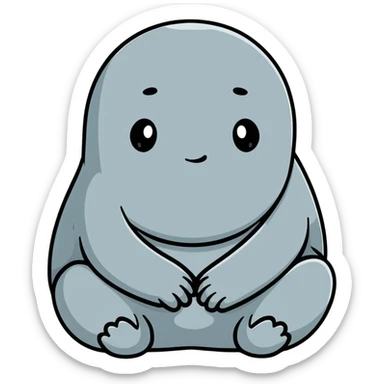 Zhdun (The One Who Waits), a cute gray blob-like creature with wrinkled skin, no neck, tiny hands resting on lap, patiently waiting sticker