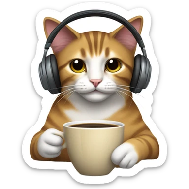 a cat with headphones drinking coffee sticker