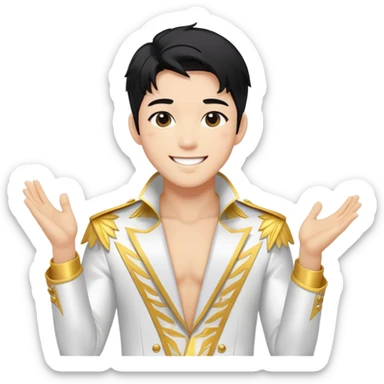 K-pop male idol with black hair, smiling face, wearing flashy stage costume sticker