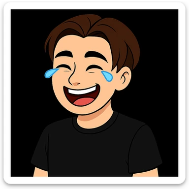 Edit the image of the boy to show him laughing with 1-2 laughing tears from his eyes, wearing a black shirt. Keep the face and style as in the original image. sticker