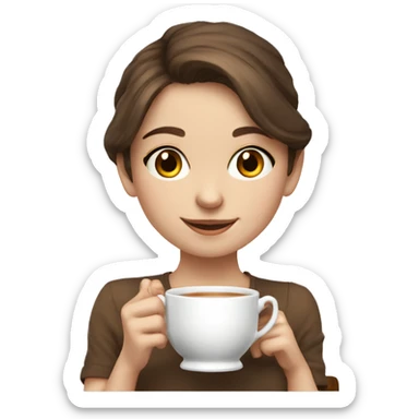 cute girl drinking tea brown hair, smiling and pale skin sticker
