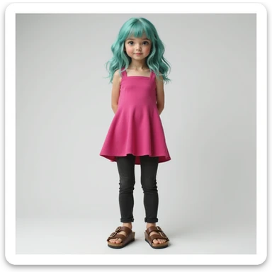 a realistic girl with teal hair, wearing a hot pink dress, black jeans, and brown birkenstocks, studio portrait, photorealistic sticker