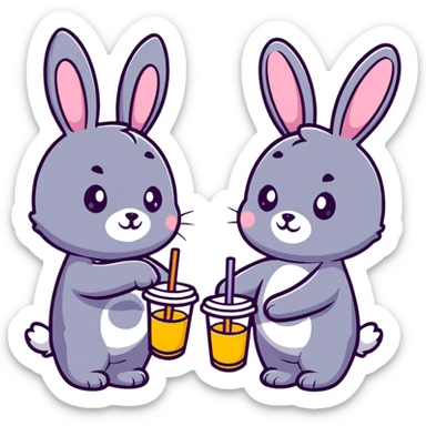 bunny and bear clinking juice cups under string lights, cartoonish sticker style sticker
