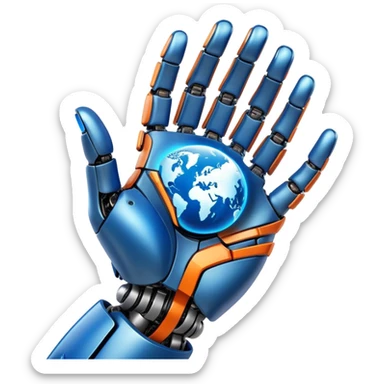 Earth held by a futuristic robotic hand, glowing with blue and orange digital lines, with a high-tech and futuristic atmosphere sticker
