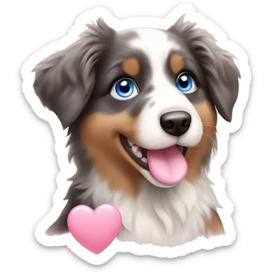 australian shepherd puppy with cute blue eyes holding a light pink heart in it mouth sticker