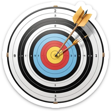 A bow and arrow aimed at a target, with the arrow perfectly positioned for release. The background features a target with concentric rings, emphasizing precision, skill, and focus in archery. The scene radiates concentration and the grace of the sport. sticker