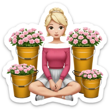 a blond girl  sitting  near various bouquets of flowers in metal buckets a white and pink flowers , Her hairstyle is slightly messy updo. She wears a red off-shoulder cardigan and a white long skirt. Her leg is extended forward toward the camera, appearing long and graceful. sticker
