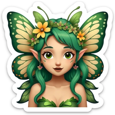 Cinematic Realistic Forest Fairy Portrait, head tilted dramatically with an exaggeratedly amused expression, featuring a striking, nature-infused form with glowing, sun-kissed tanned skin and vividly detailed dark green hair adorned with floral accents. Her expressive eyes brim with playful forest mischief, rendered with vibrant, lifelike textures and dynamic dappled lighting that conveys a spirited, over‐the‐top woodland whimsy showing her large butterfly wings from her back. sticker