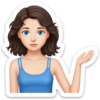 a girl with dark brown wavy hair just below her shoulders, with gray-blue eyes, in a blue tank top with thin straps sticker