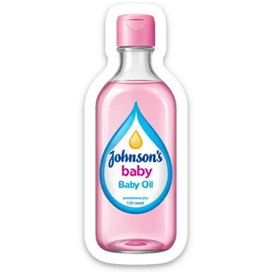 johnson's baby oil in a transparant bottle with a pink label. The oil should look transparant  sticker