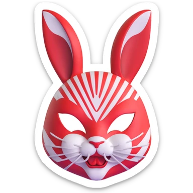 stylized usagi rabbit kabuki mask, red and white, angry expression, highly detailed sticker