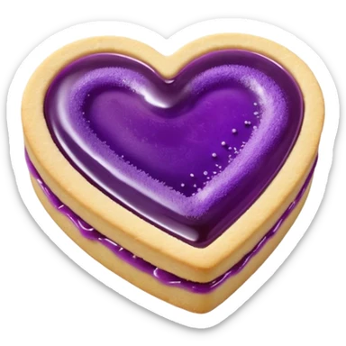 Realistic shortbread cookie in the shape of a heart with violet jelly middle filling and sprinkled powder sugar on top. sticker