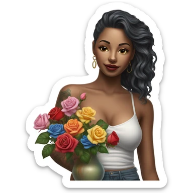 Hyper Realistic beautiful woman model with a small rose tattoo arranging flowers in a vase sticker