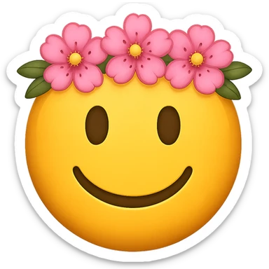 yellow face with pink flower crown emoji, digital illustration, remove background sticker
