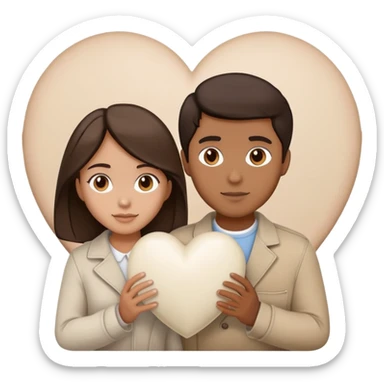 A couple with dark brown hair and mixed skin tone inside a white heart, wearing beige clothes sticker