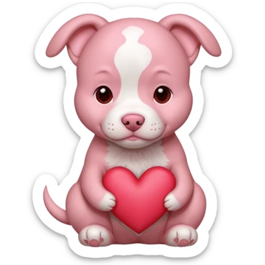 Pink pitbull puppy holding a heart sticker