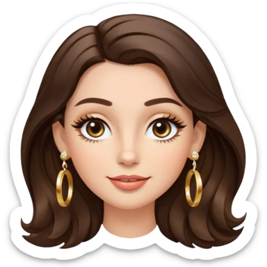 Luxury Milan girl Greta emoji: oval face, flawless skin, big light almond eyes with lashes/eyeliner, arched brows, flirty half-smile glossy lips, beauty mark, wavy warm brunette hair, gold hoop earrings, soft glow, champagne bg with sparkles, 3D sticker style, centered. sticker
